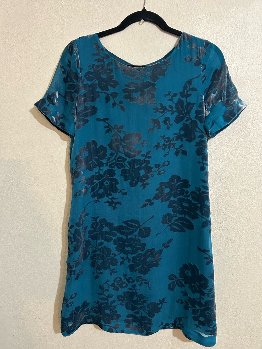 Sundance Burnout Velvet Teal Blue Floral Short Sleeve Shift Dress Silk XS Whimsy